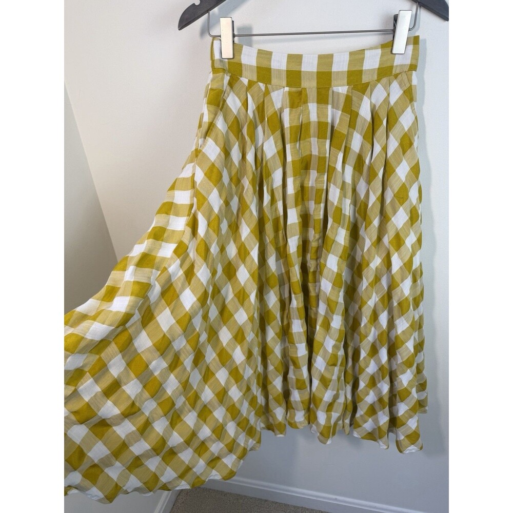 MABLE Plaid Gingham Skirt Flared Size Medium Checkered Picnic Yellow White - Picture 3 of 10